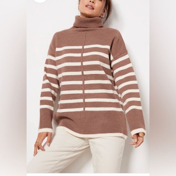 NWT Line & Dot Women’s Brown Cream Stripe Long SleeveTurtleneck Sweater - Size L - Picture 3 of 8